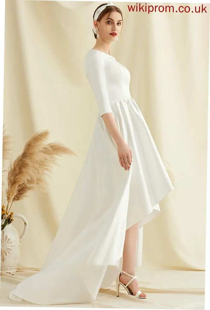 A-Line Neck With Dress Aliyah Wedding Asymmetrical Wedding Dresses Satin Scoop Pockets