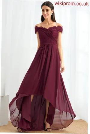 A-Line Off-the-Shoulder Embellishment Fabric Lace Silhouette Length Asymmetrical Neckline Amber Bridesmaid Dresses