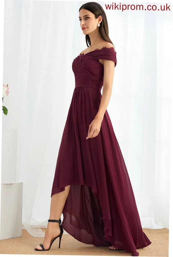 A-Line Off-the-Shoulder Embellishment Fabric Lace Silhouette Length Asymmetrical Neckline Amber Bridesmaid Dresses