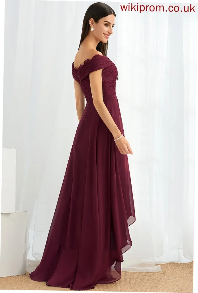 A-Line Off-the-Shoulder Embellishment Fabric Lace Silhouette Length Asymmetrical Neckline Amber Bridesmaid Dresses