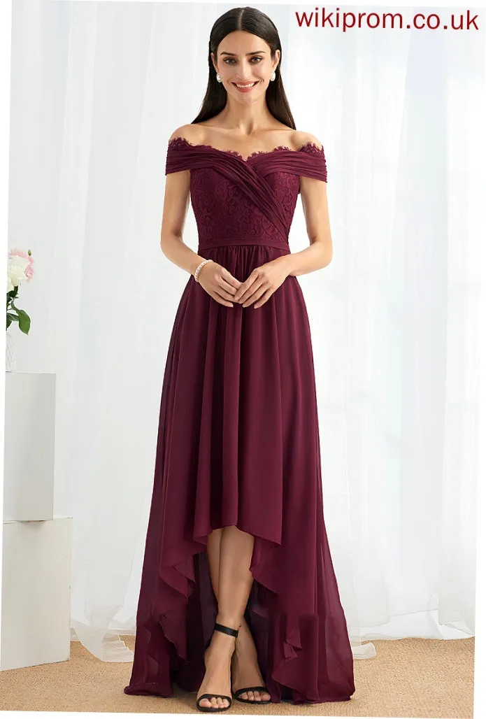 A-Line Off-the-Shoulder Embellishment Fabric Lace Silhouette Length Asymmetrical Neckline Amber Bridesmaid Dresses