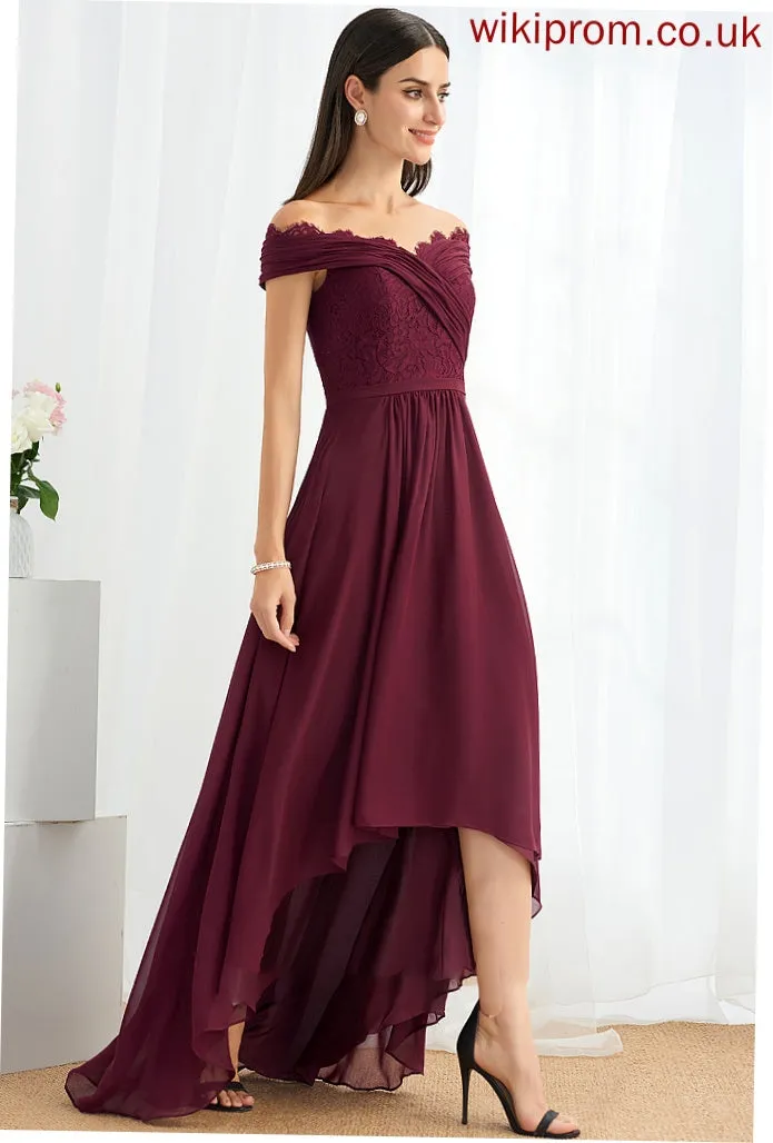 A-Line Off-the-Shoulder Embellishment Fabric Lace Silhouette Length Asymmetrical Neckline Amber Bridesmaid Dresses