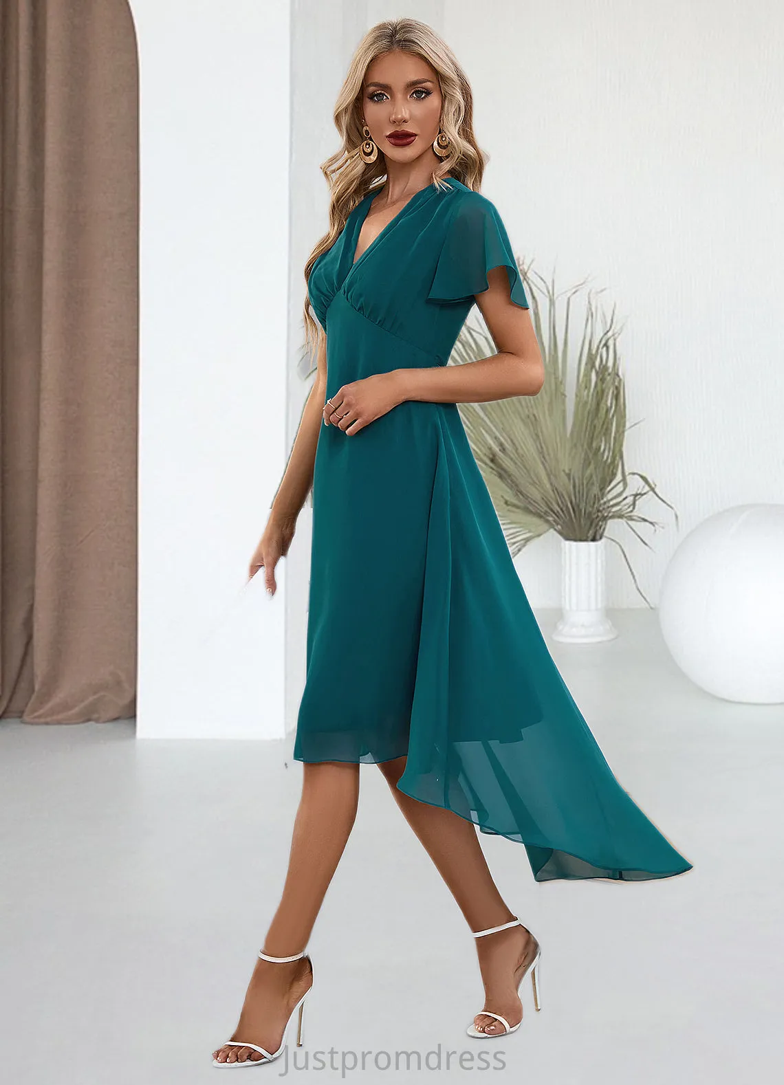 Akira V-Neck Elegant A-line Chiffon Asymmetrical Midi Dresses HHP0022495