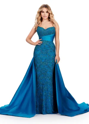 Ashley Lauren 11571 Long Prom Dress Fully Beaded Gown Taffeta Belt  Overskirt Formal Pageant Gown