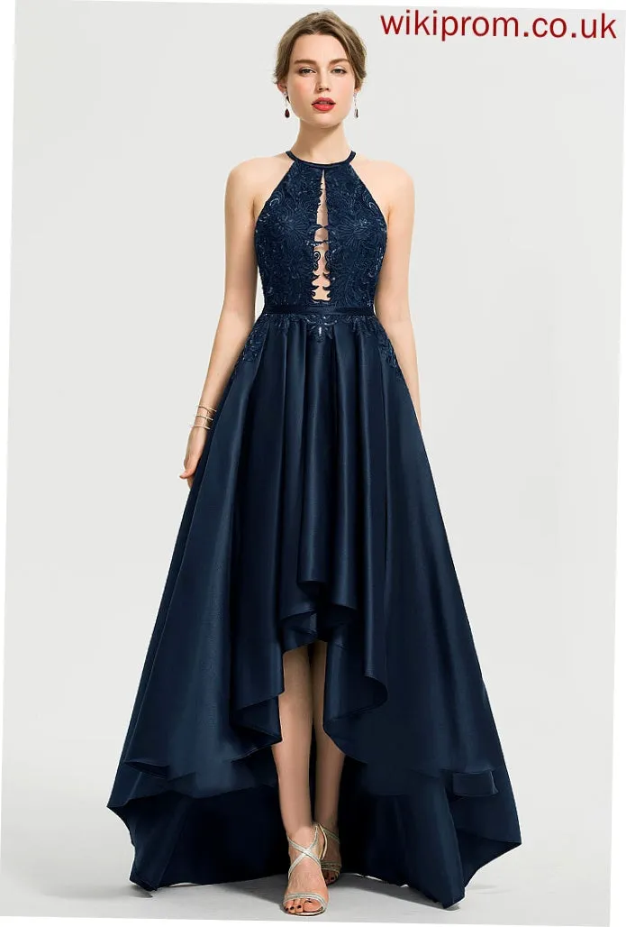 Asymmetrical Neck A-Line With Sequins Shyann Scoop Satin Prom Dresses