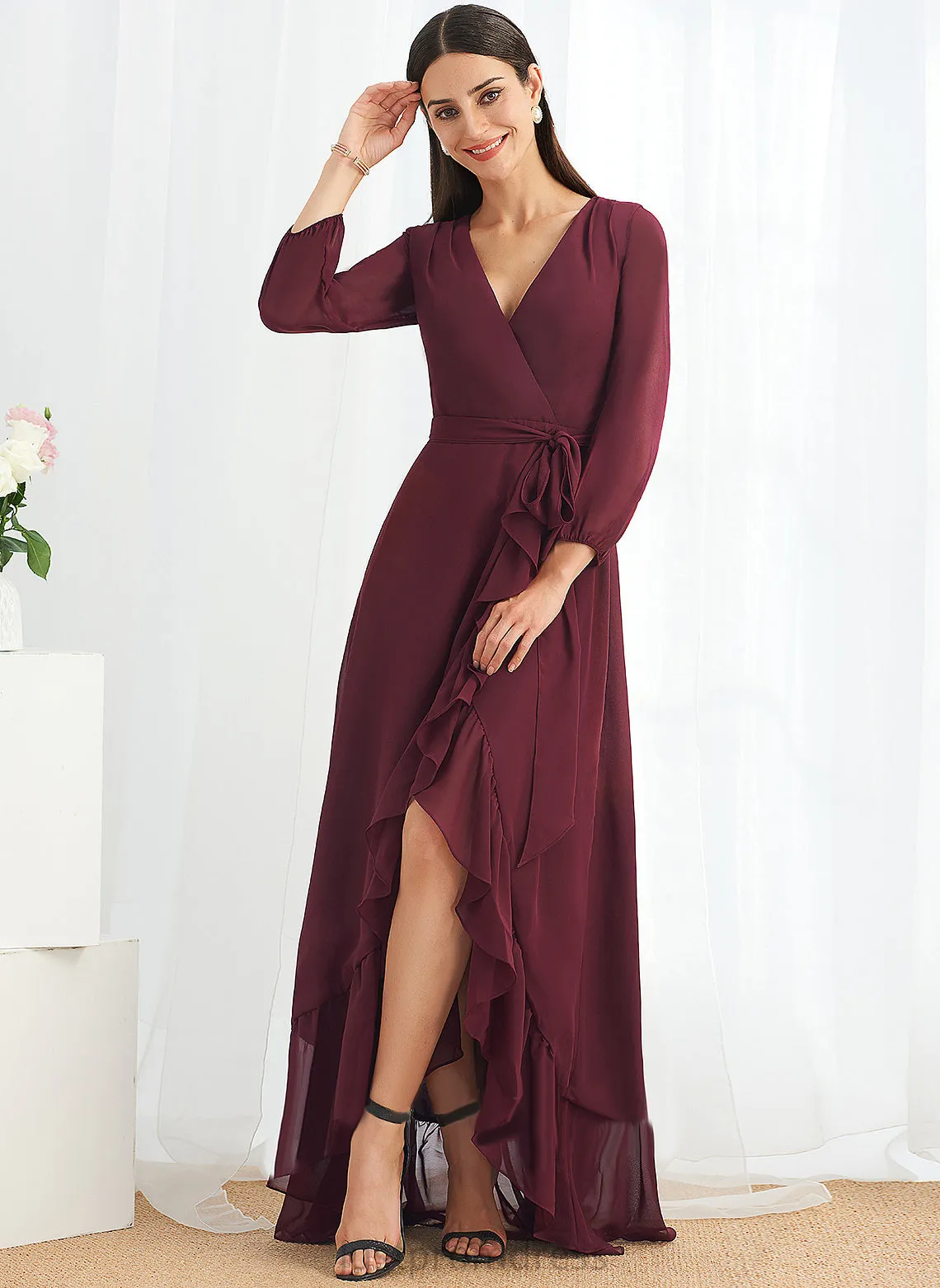 Asymmetrical V-neck With Cocktail Dresses Dress Chiffon Ruffle Split Cocktail A-Line Madilynn Front