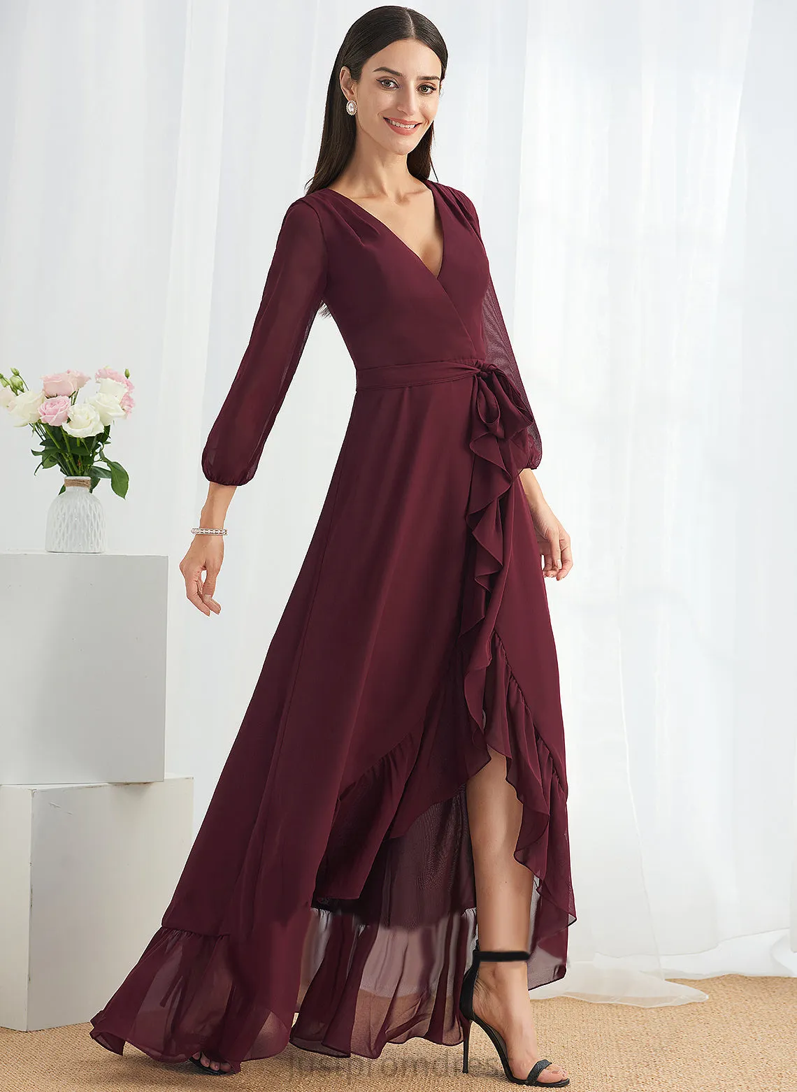 Asymmetrical V-neck With Cocktail Dresses Dress Chiffon Ruffle Split Cocktail A-Line Madilynn Front