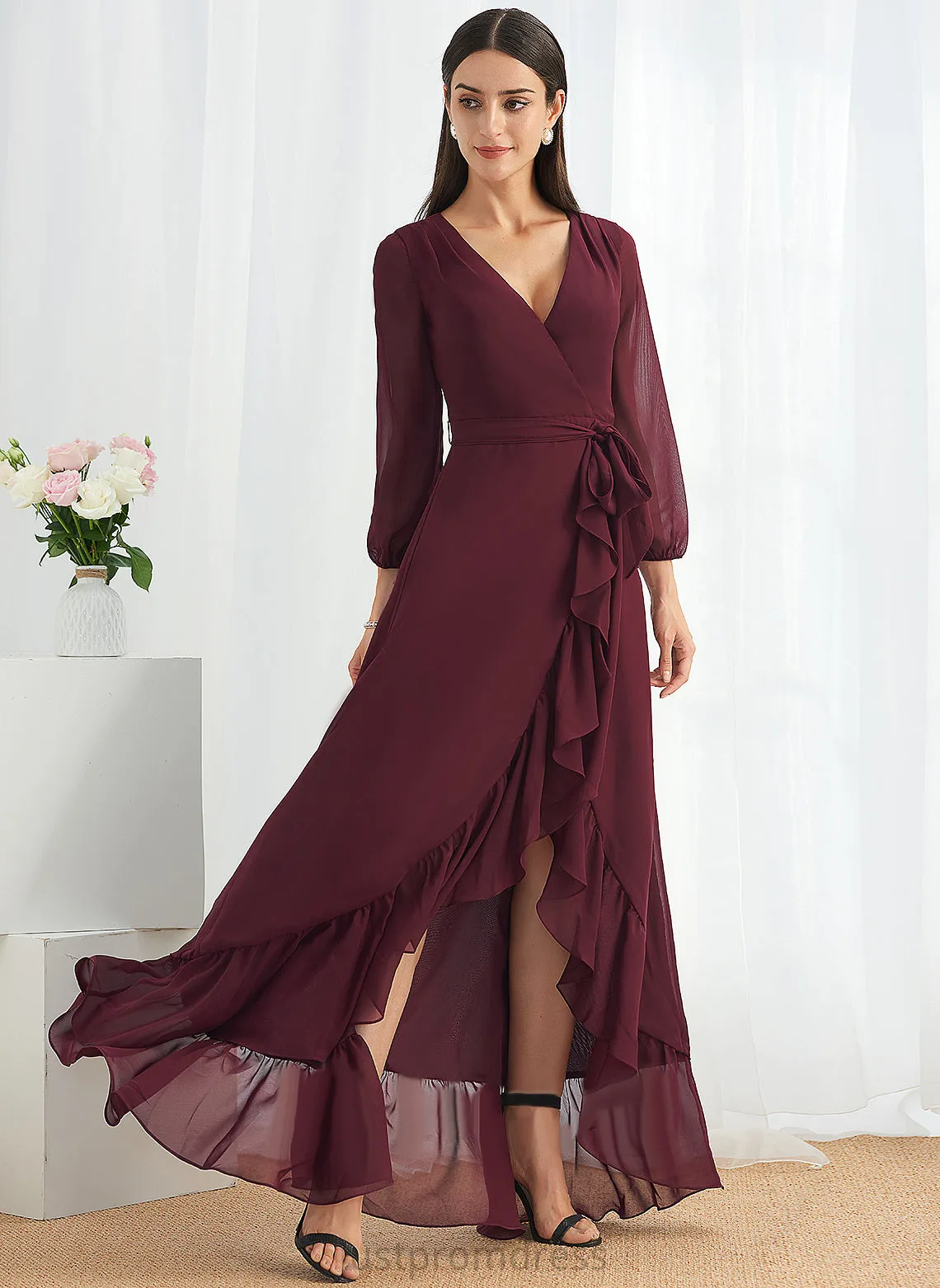 Asymmetrical V-neck With Cocktail Dresses Dress Chiffon Ruffle Split Cocktail A-Line Madilynn Front