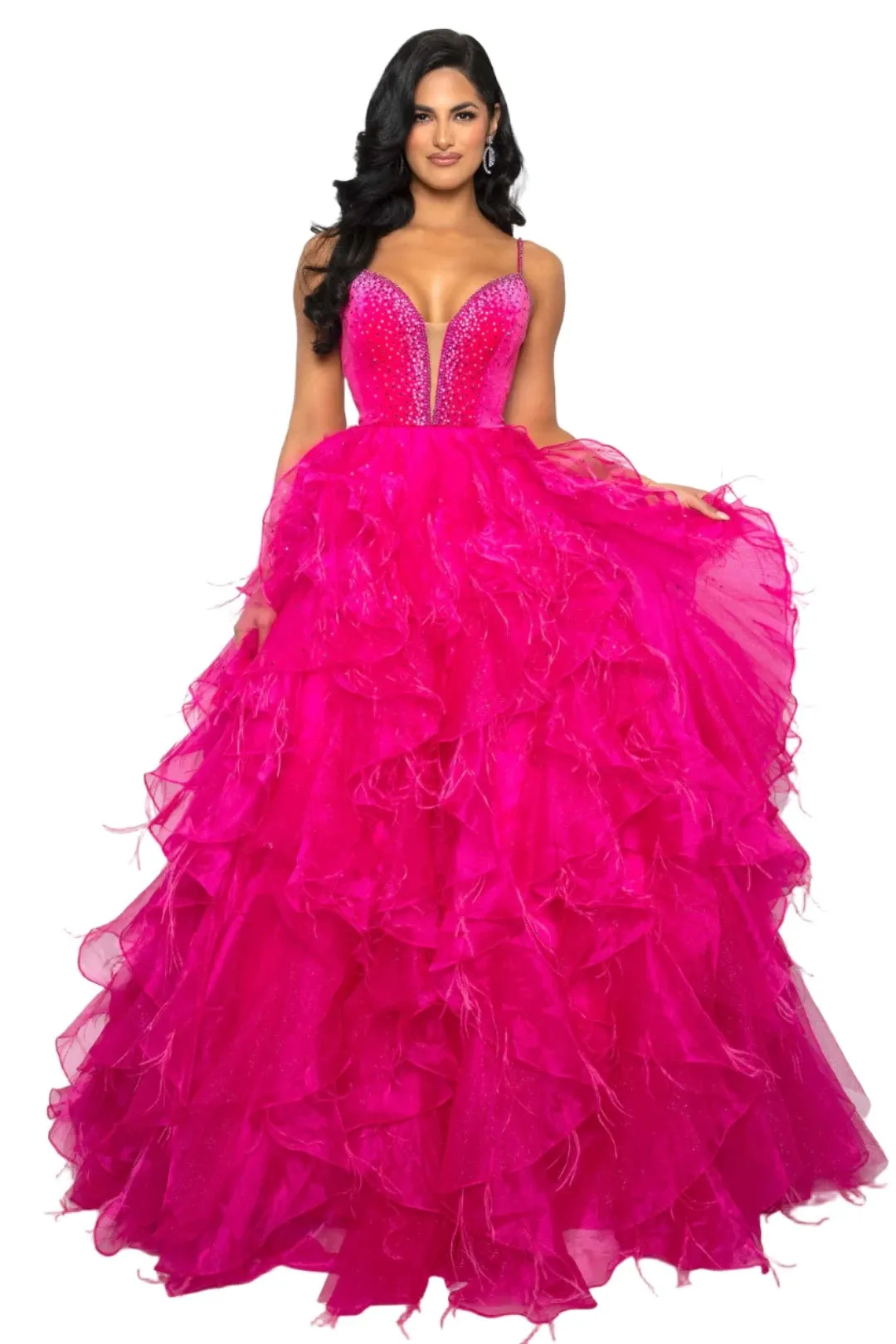 Ava Presley 39554 Feather Velvet Dress A Line Ruffle Ballgown V Neck Formal Pageant Prom