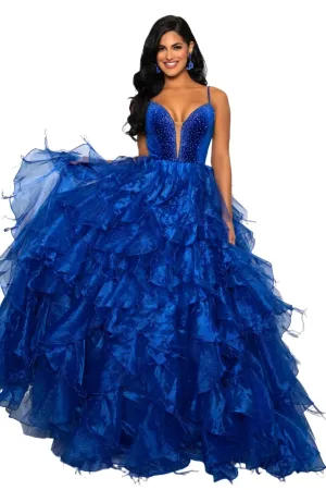 Ava Presley 39554 Size 10,14 Royal Feather Velvet Dress A Line Ruffle Ballgown V Neck Formal Pageant Prom