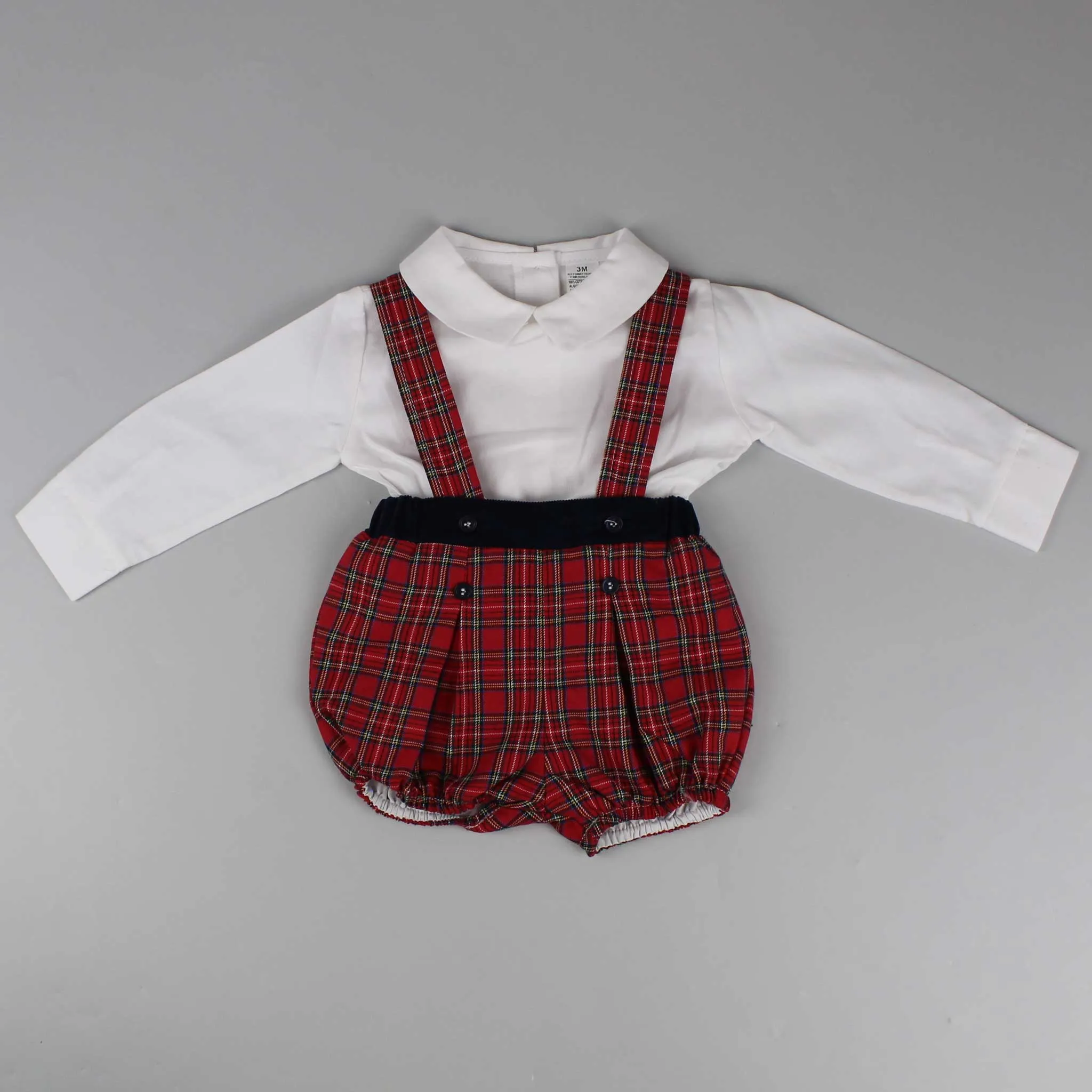 Baby Boys Red Tartan Two Piece Outfit- Shirt and Short with Braces Set