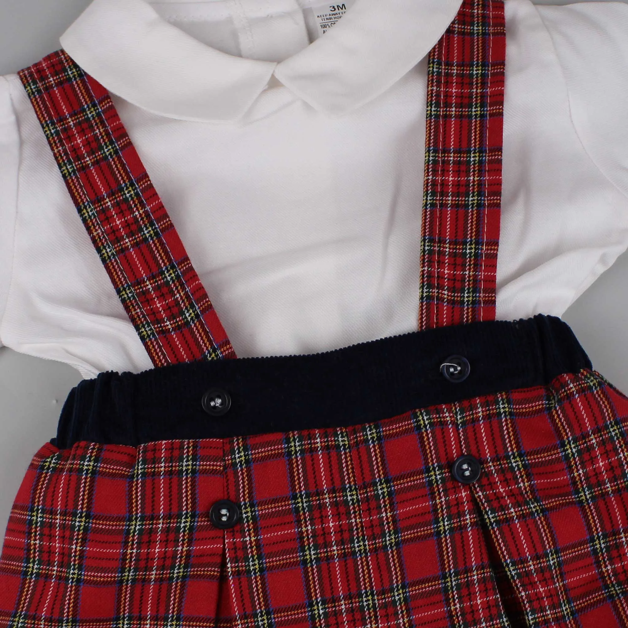 Baby Boys Red Tartan Two Piece Outfit- Shirt and Short with Braces Set