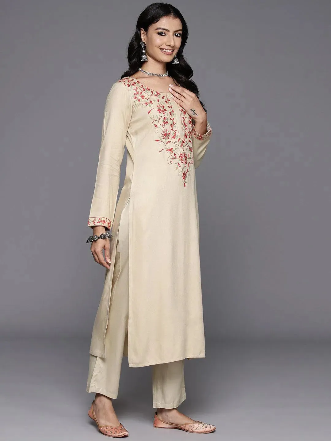 Beige Yoke Design Wool Blend Straight Kurta Set