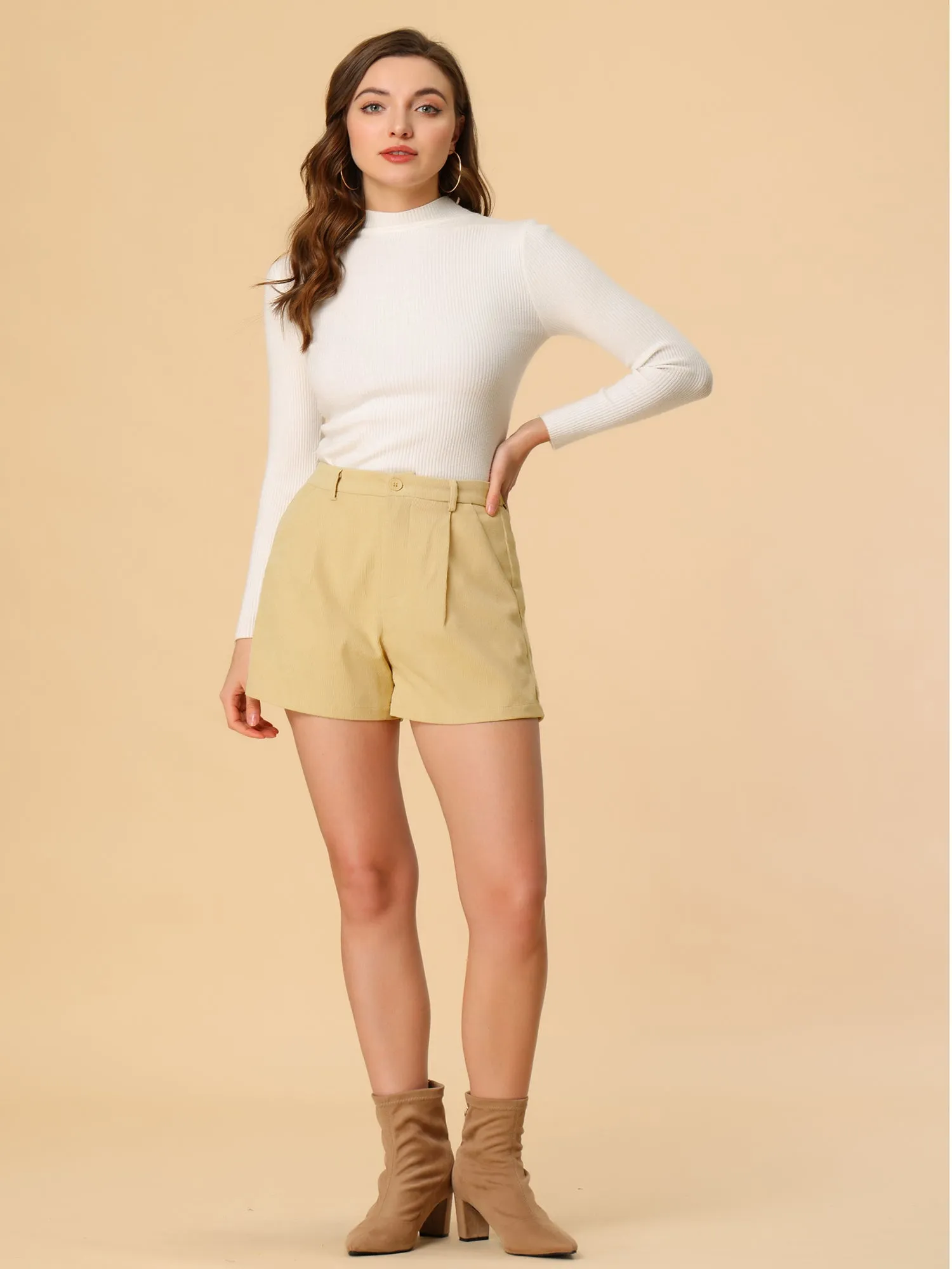 Belted Corduroy Casual Straight Leg High Waist Shorts