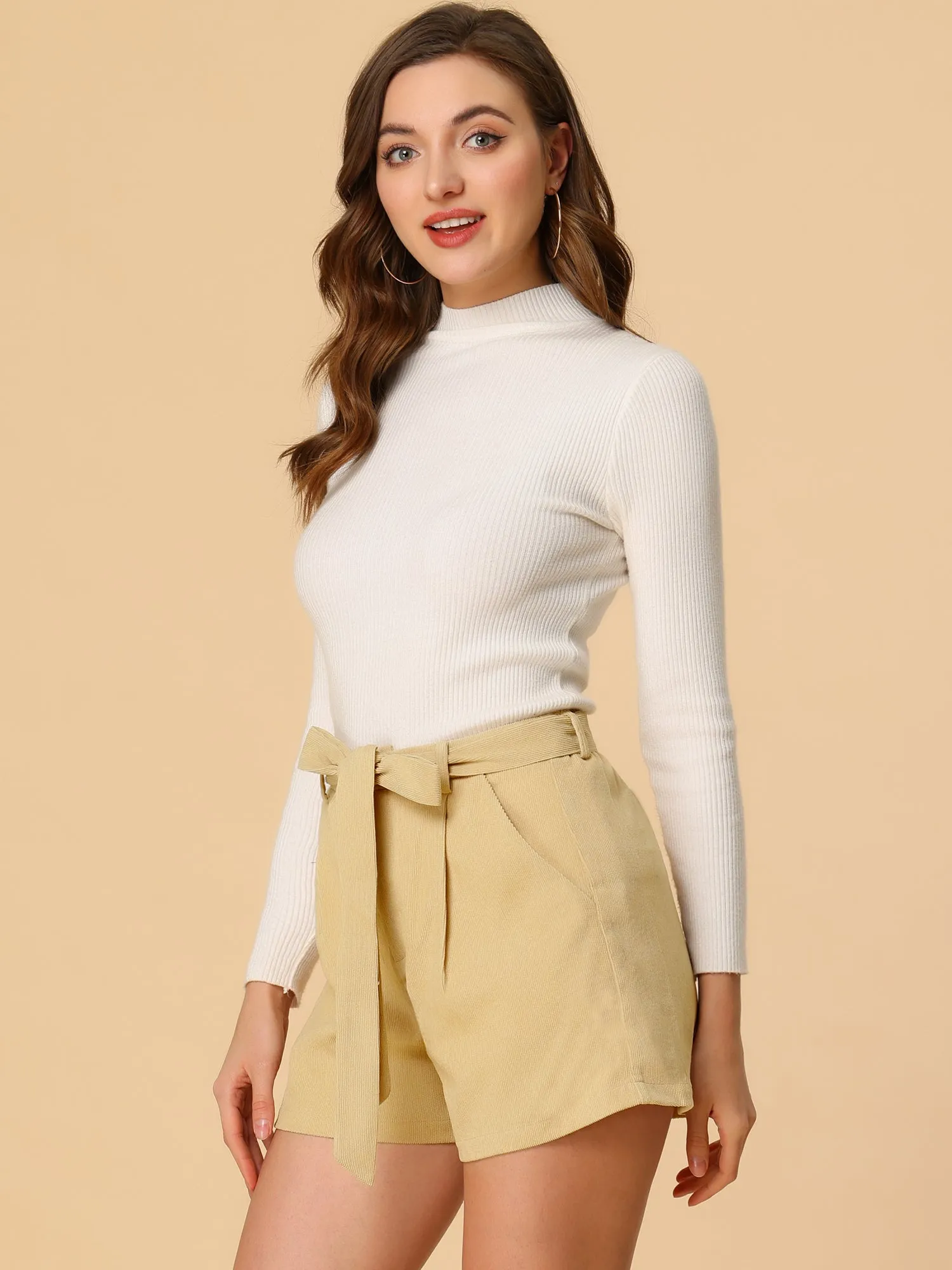 Belted Corduroy Casual Straight Leg High Waist Shorts