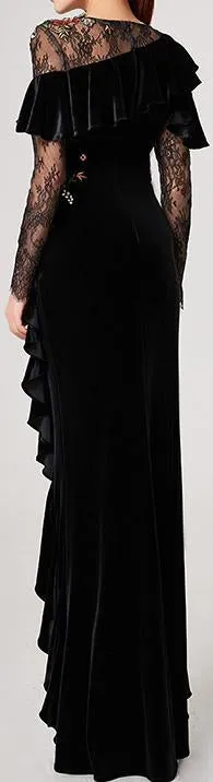 Black Lace and Velvet Embellished Ruffle Gown