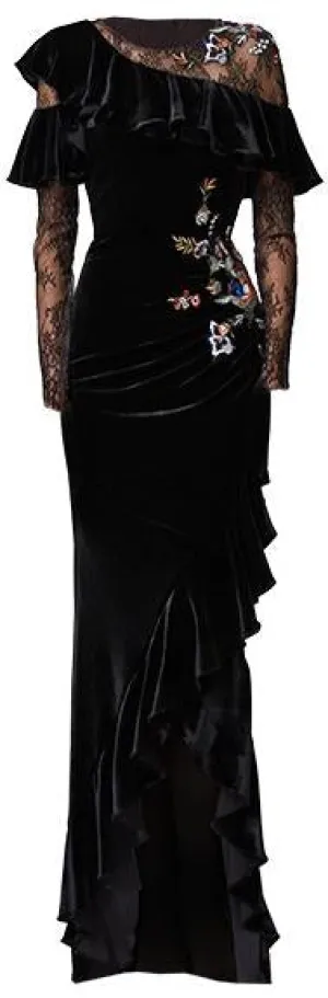 Black Lace and Velvet Embellished Ruffle Gown