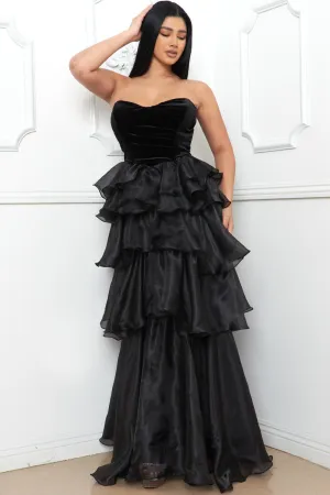 Black Metallic Mesh Layered Ruffle Maxi Dress