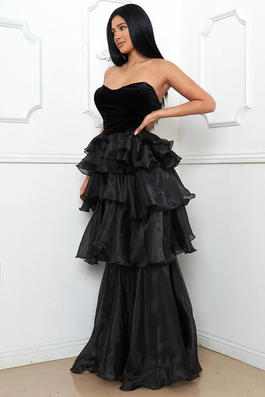 Black Metallic Mesh Layered Ruffle Maxi Dress