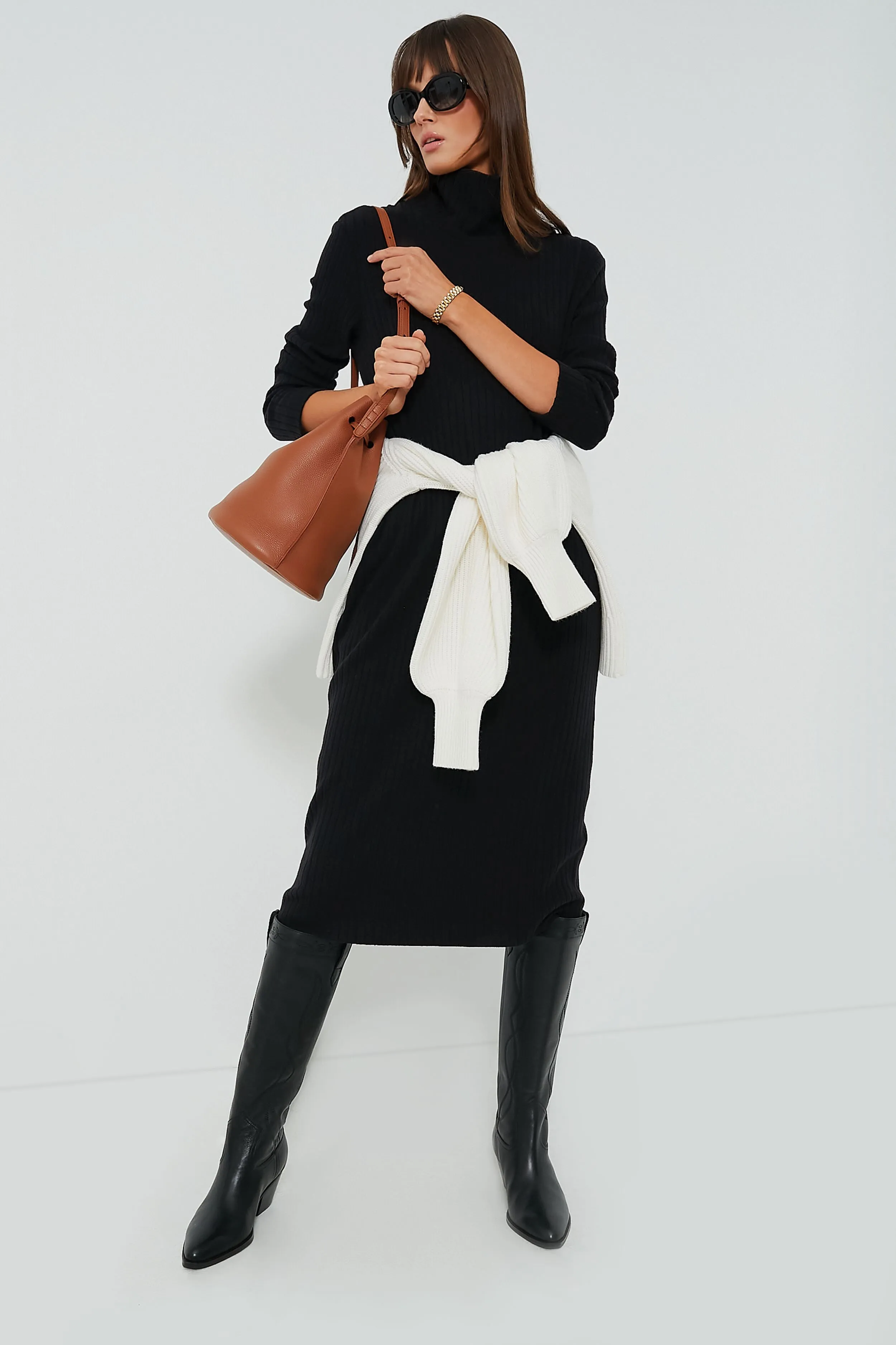 Black Sweater Rib Turtleneck Dress