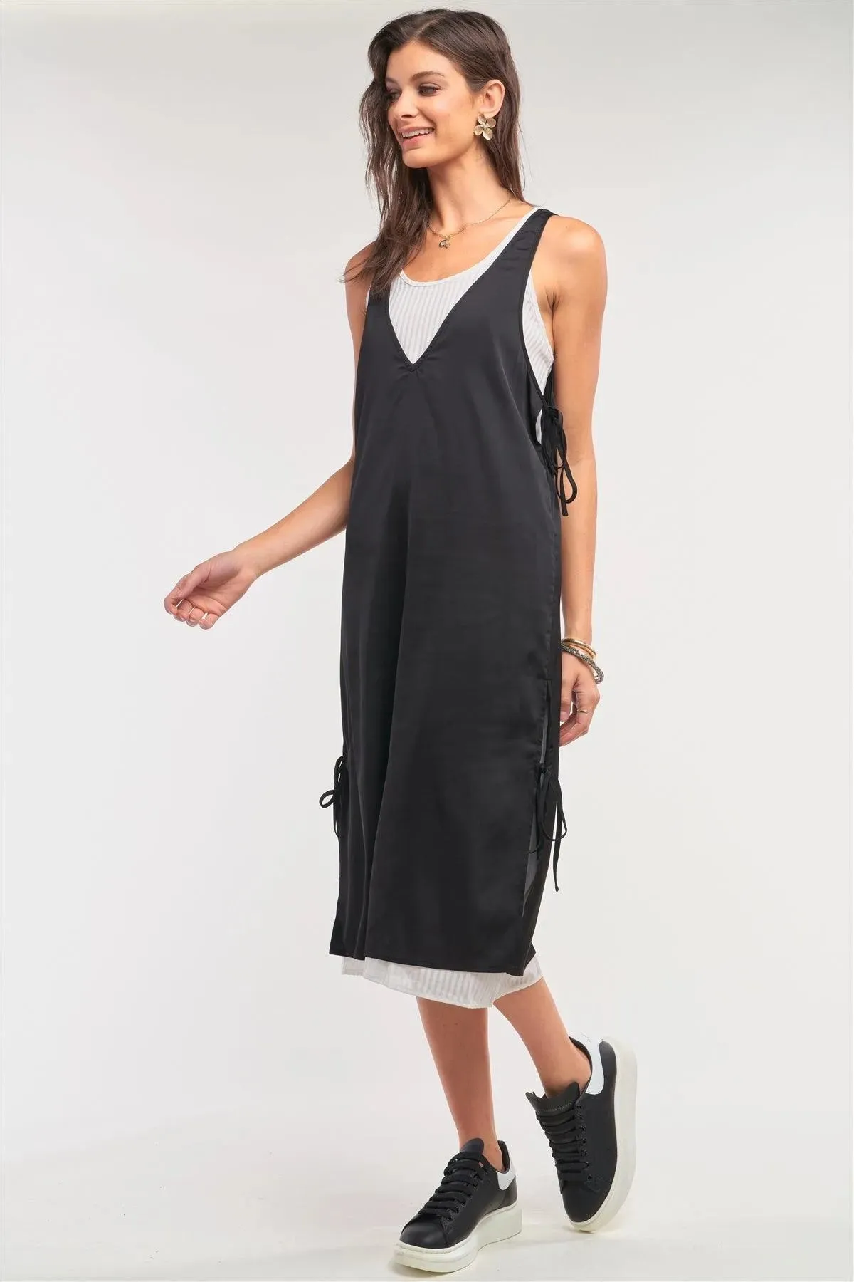 Black&White Satin Sleeveless Two-In-One Striped Mesh Self-Tie Detail Slip Midi Dress /1-2-2-1