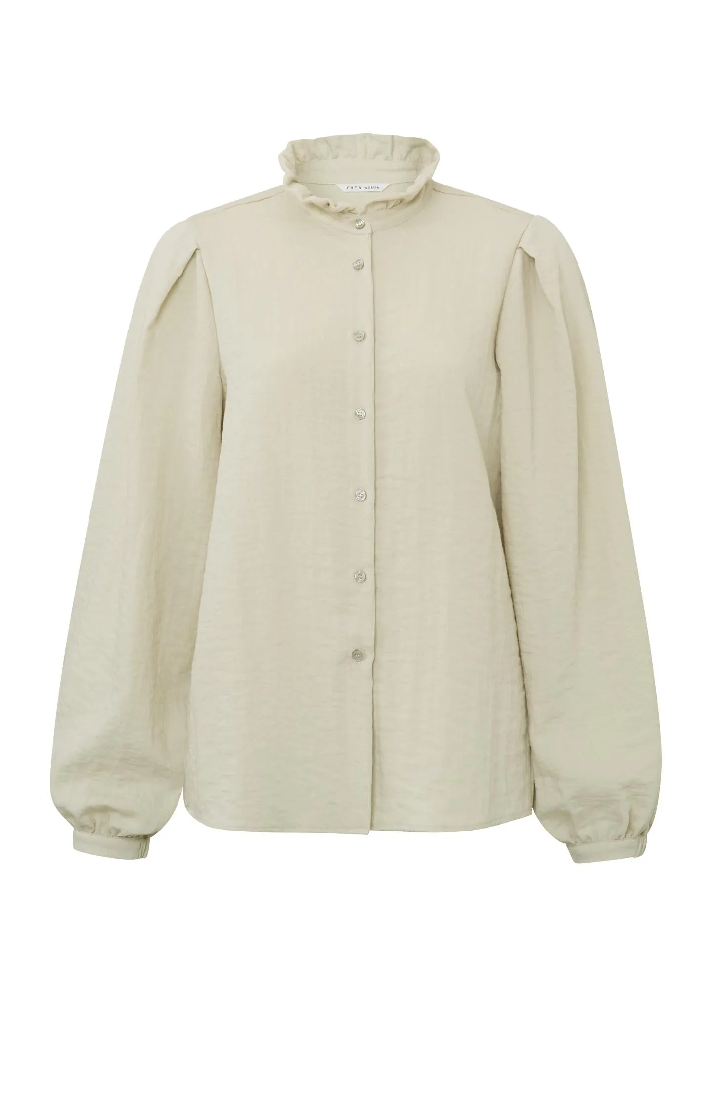 Blouse with ruffled neck, long balloon sleeves and buttons