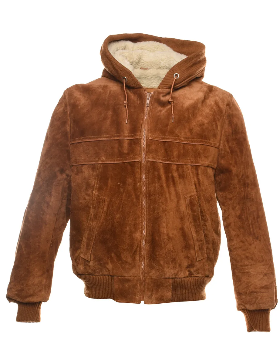 Brown Hooded Zip-Front Suede Jacket - M