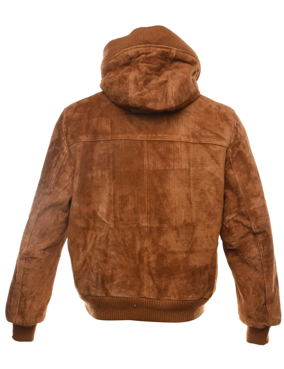 Brown Hooded Zip-Front Suede Jacket - M