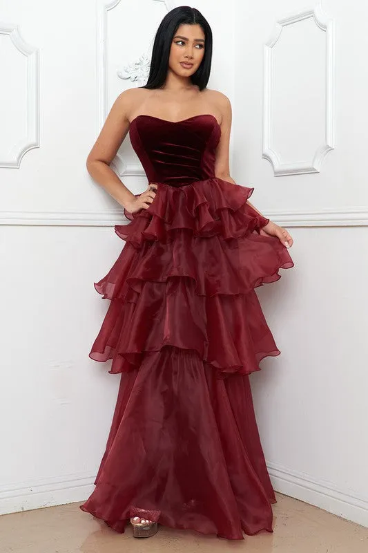 Burgundy Metallic Mesh Layered Ruffle Maxi Dress