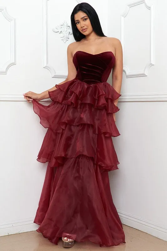 Burgundy Metallic Mesh Layered Ruffle Maxi Dress