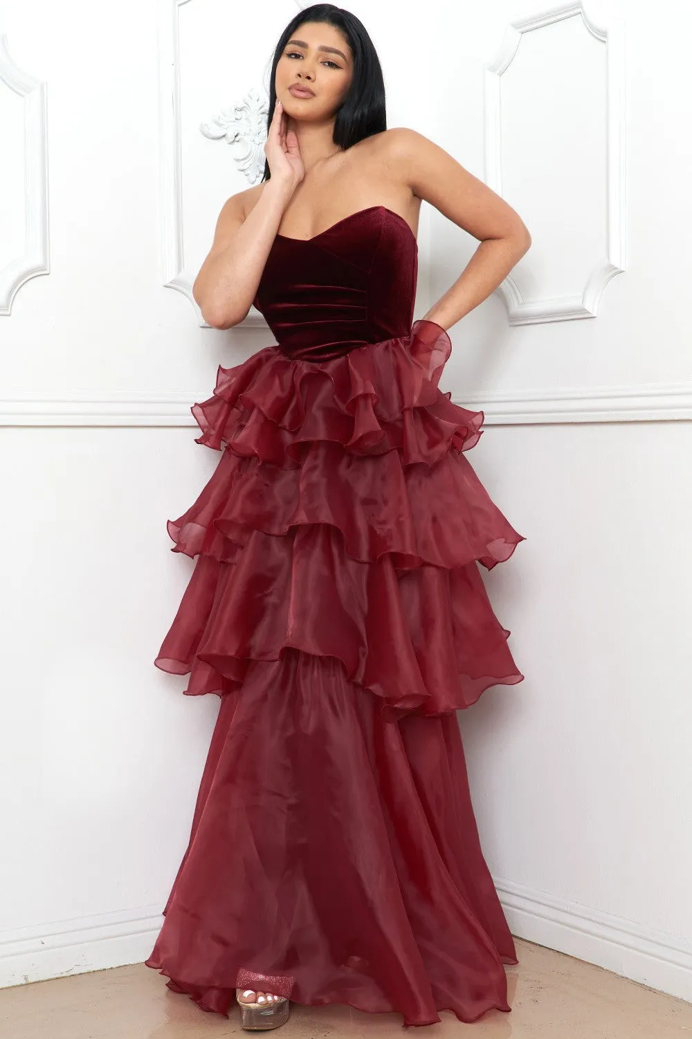 Burgundy Metallic Mesh Layered Ruffle Maxi Dress