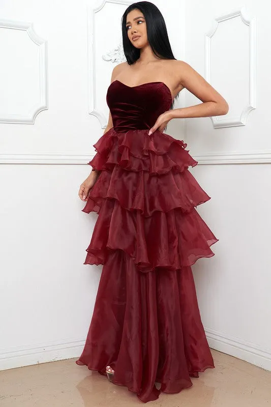 Burgundy Metallic Mesh Layered Ruffle Maxi Dress