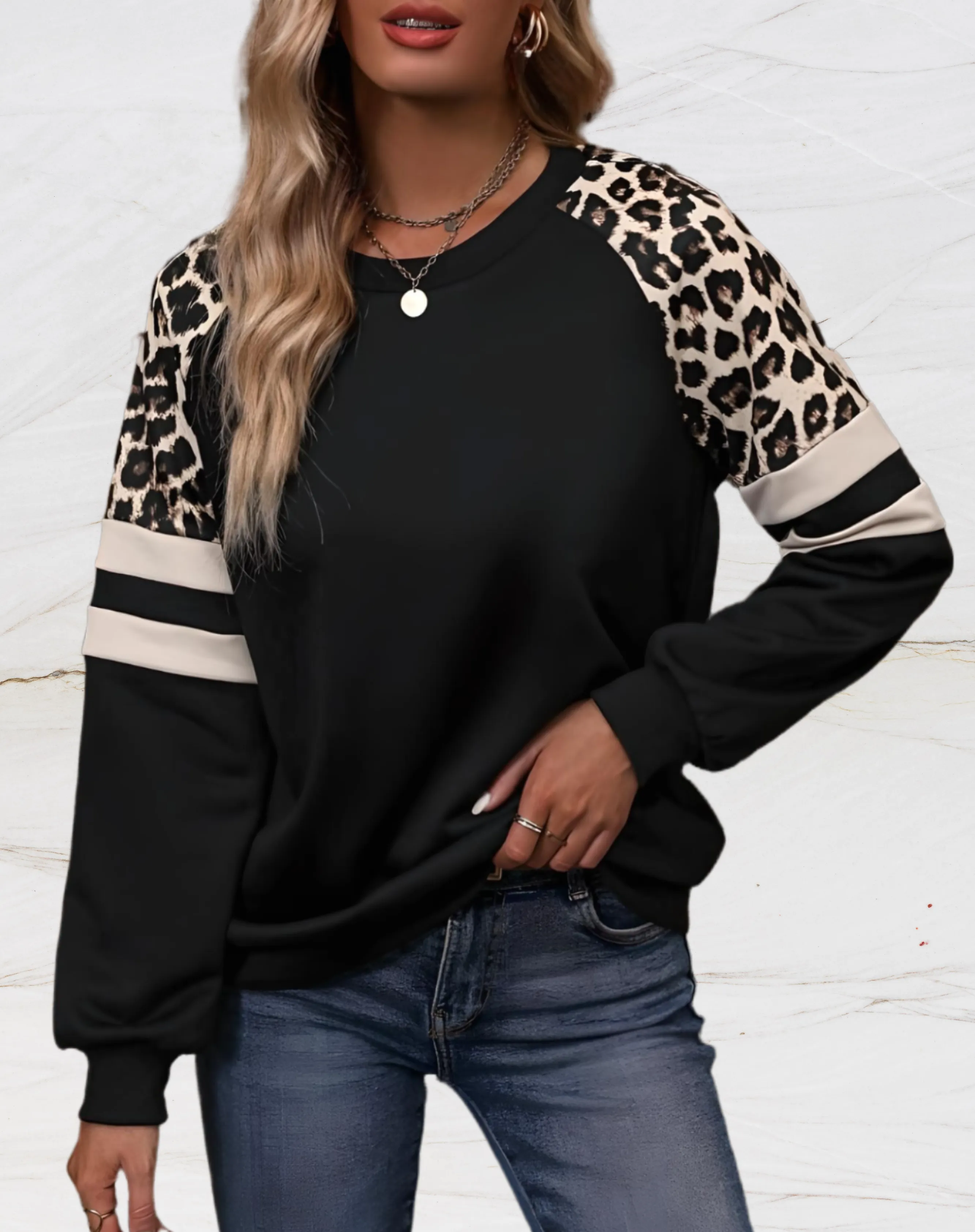 Chelsea - Women's Oversized Leopard Sweater with White Stripes