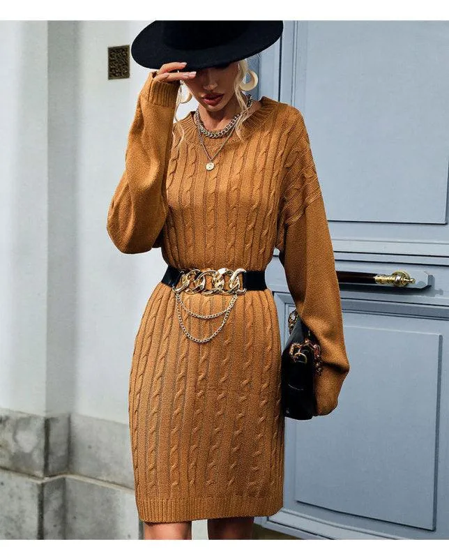 Chic Linen-Inspired Knit Sweater Dress with Round Neck