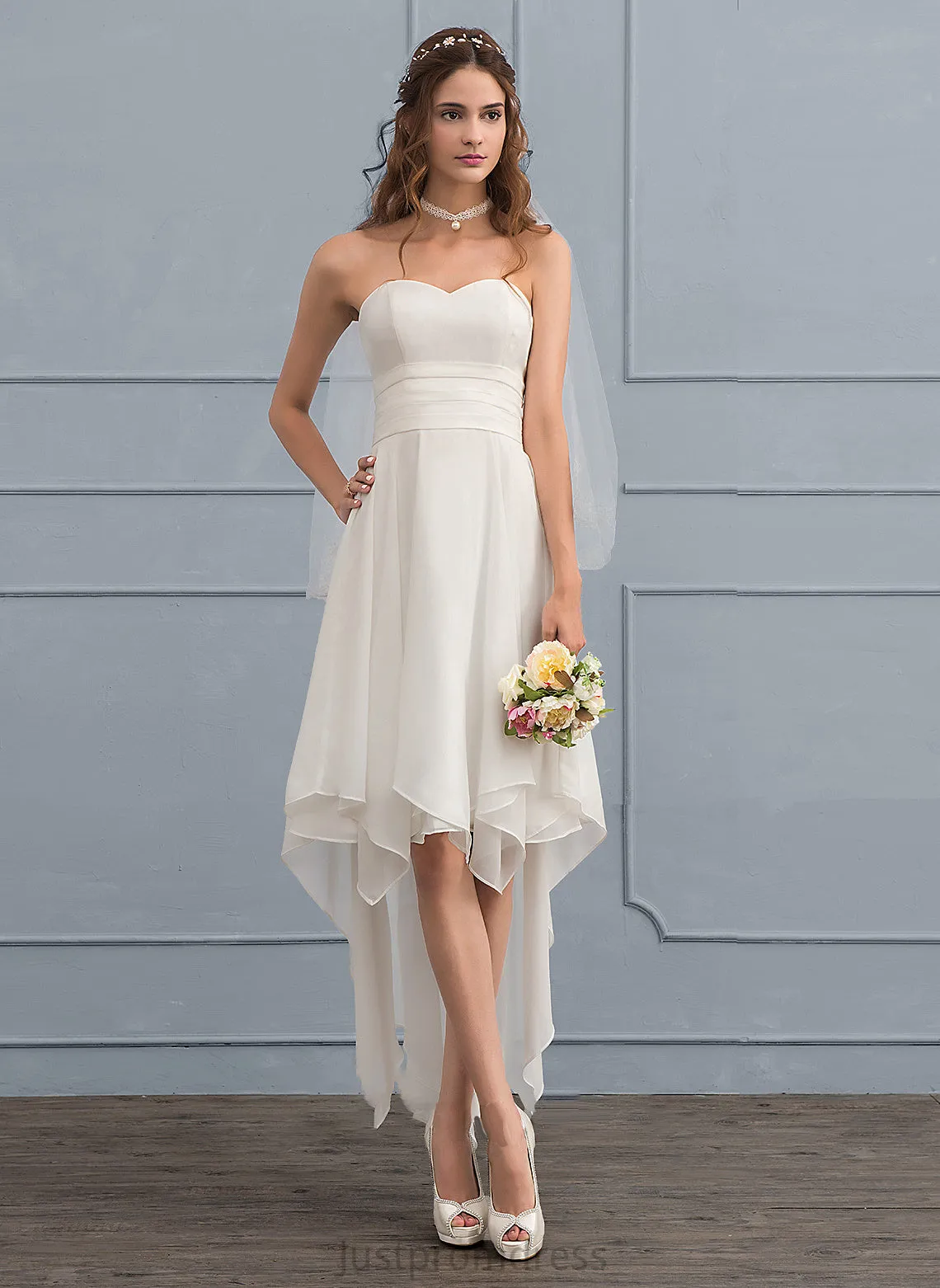 Chiffon A-Line Ruffle Asymmetrical Evelyn Wedding Dress Wedding Dresses With Sweetheart