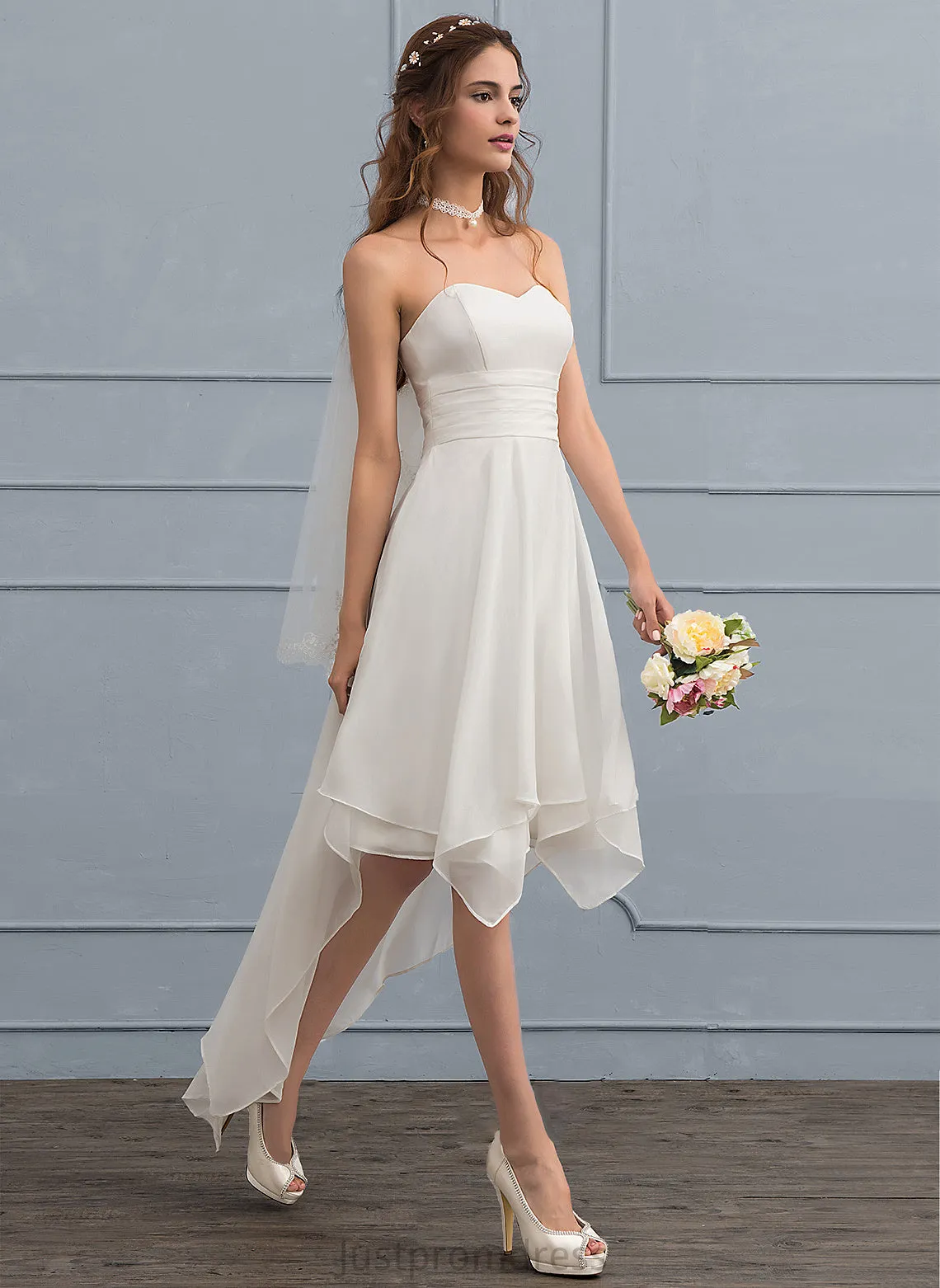 Chiffon A-Line Ruffle Asymmetrical Evelyn Wedding Dress Wedding Dresses With Sweetheart