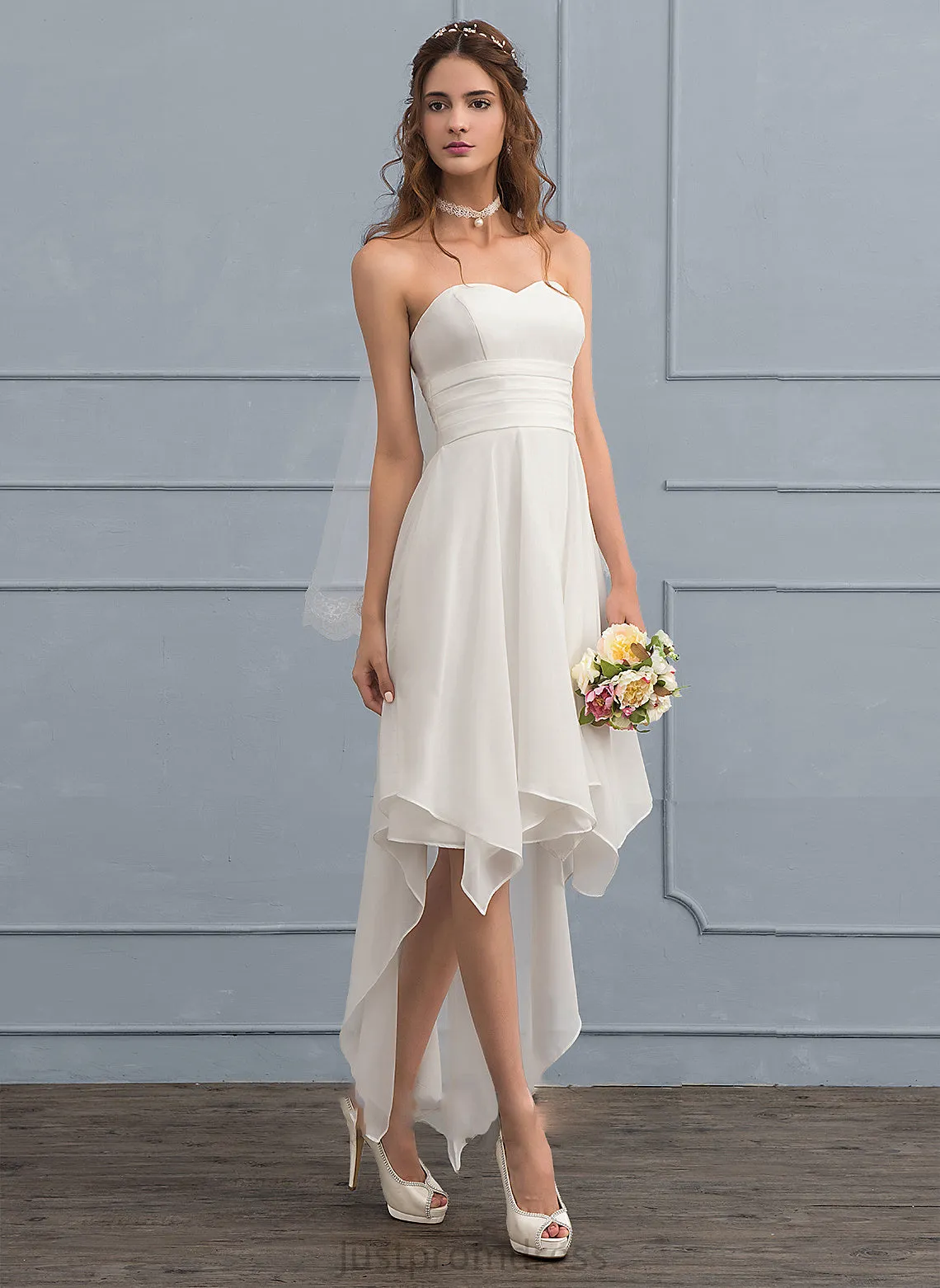 Chiffon A-Line Ruffle Asymmetrical Evelyn Wedding Dress Wedding Dresses With Sweetheart