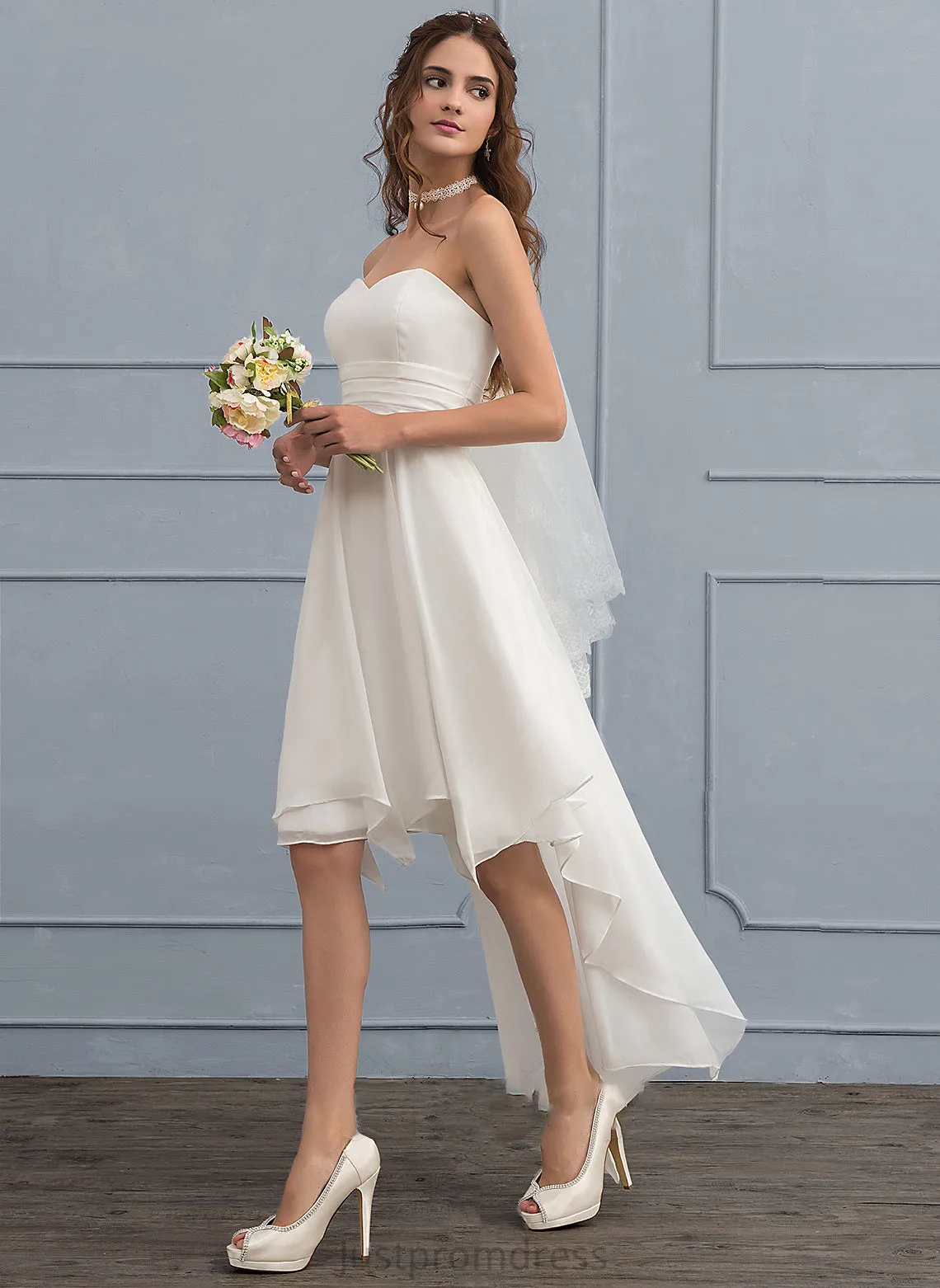 Chiffon A-Line Ruffle Asymmetrical Evelyn Wedding Dress Wedding Dresses With Sweetheart