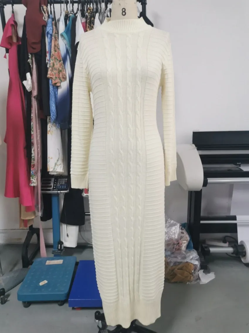 Chunky Turtleneck Knit Sweater Dress for Winter