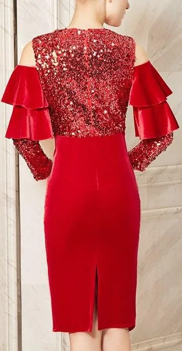 Cold-Shoulder Asymmetrical Sequined Velvet Evening Dress