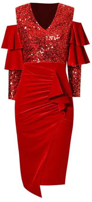 Cold-Shoulder Asymmetrical Sequined Velvet Evening Dress