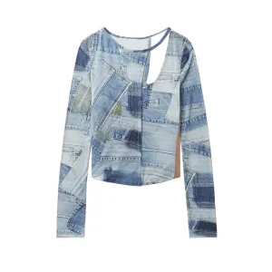 Colorblock Printing Slimming Sexy Vests For Women Round Neck Long Sleeve Hollow Out Chic Vest Female Fashion