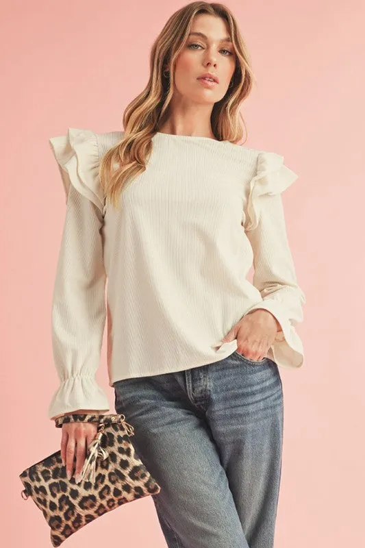 Corduroy Round Neck Ruffled Flounce Sleeve Blouse