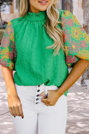 Crinkled Bright Green Ruffled Floral Blouse