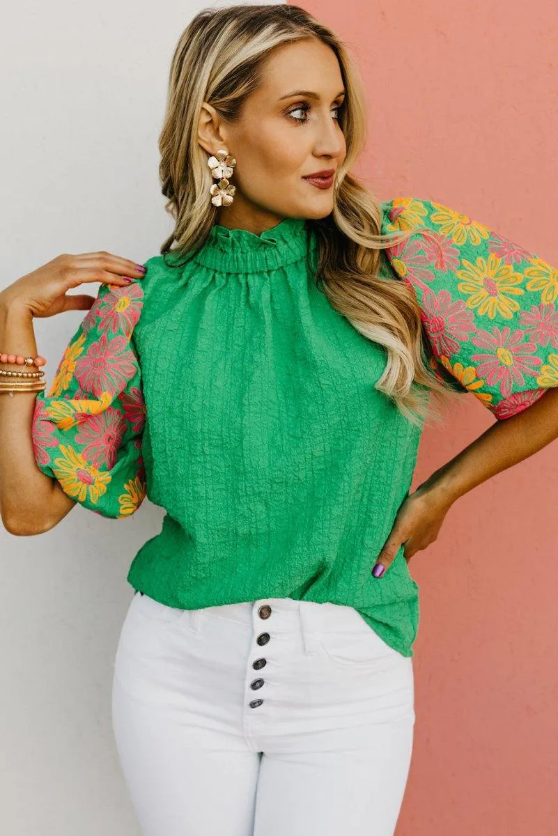 Crinkled Bright Green Ruffled Floral Blouse