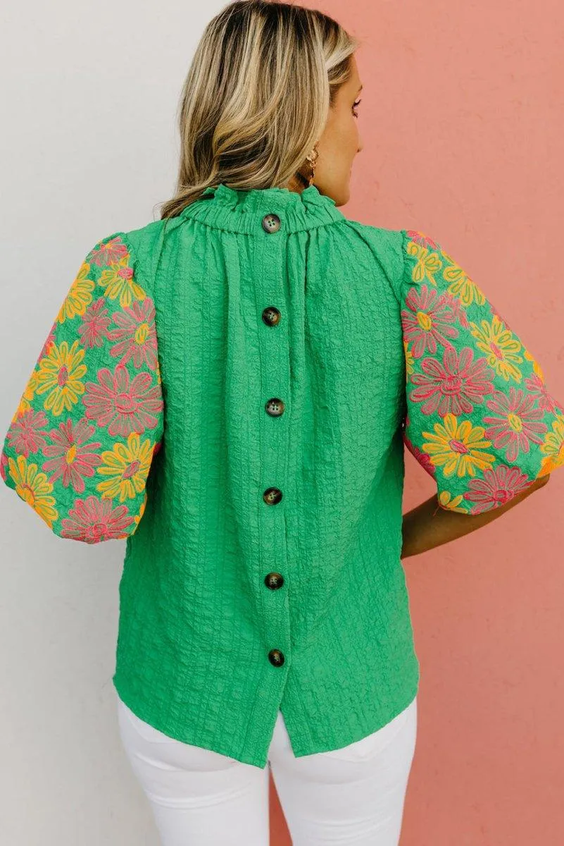 Crinkled Bright Green Ruffled Floral Blouse