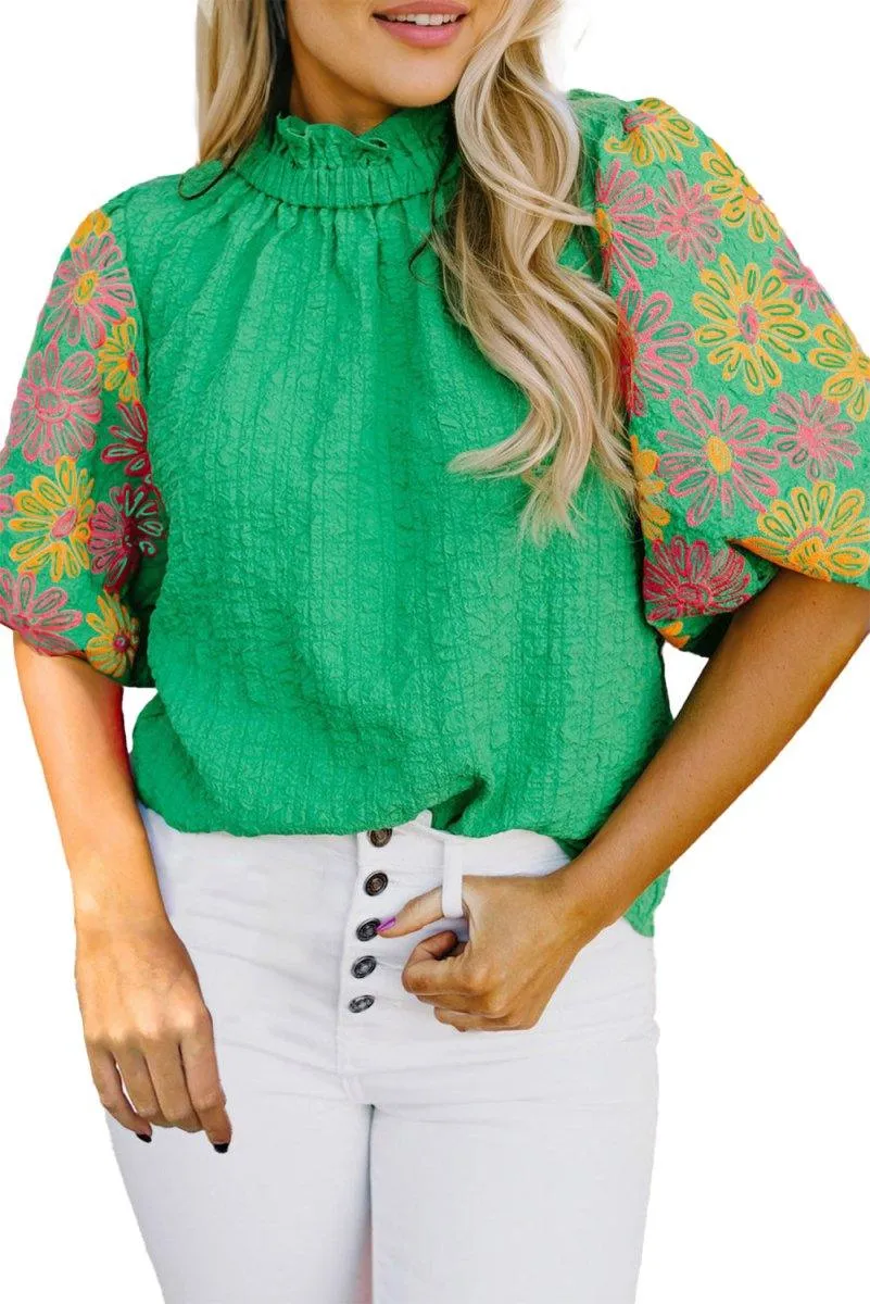 Crinkled Bright Green Ruffled Floral Blouse