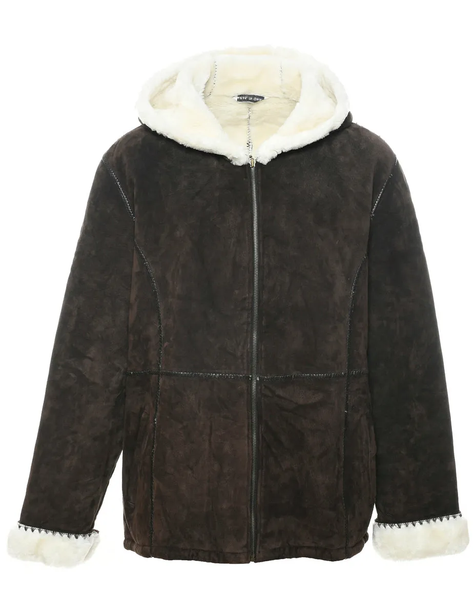 Dark Brown Faux Shearling Suede Jacket - XL