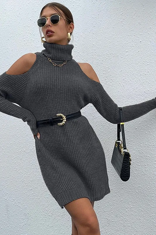 Dark Gray Black Turtleneck Sweater Dress