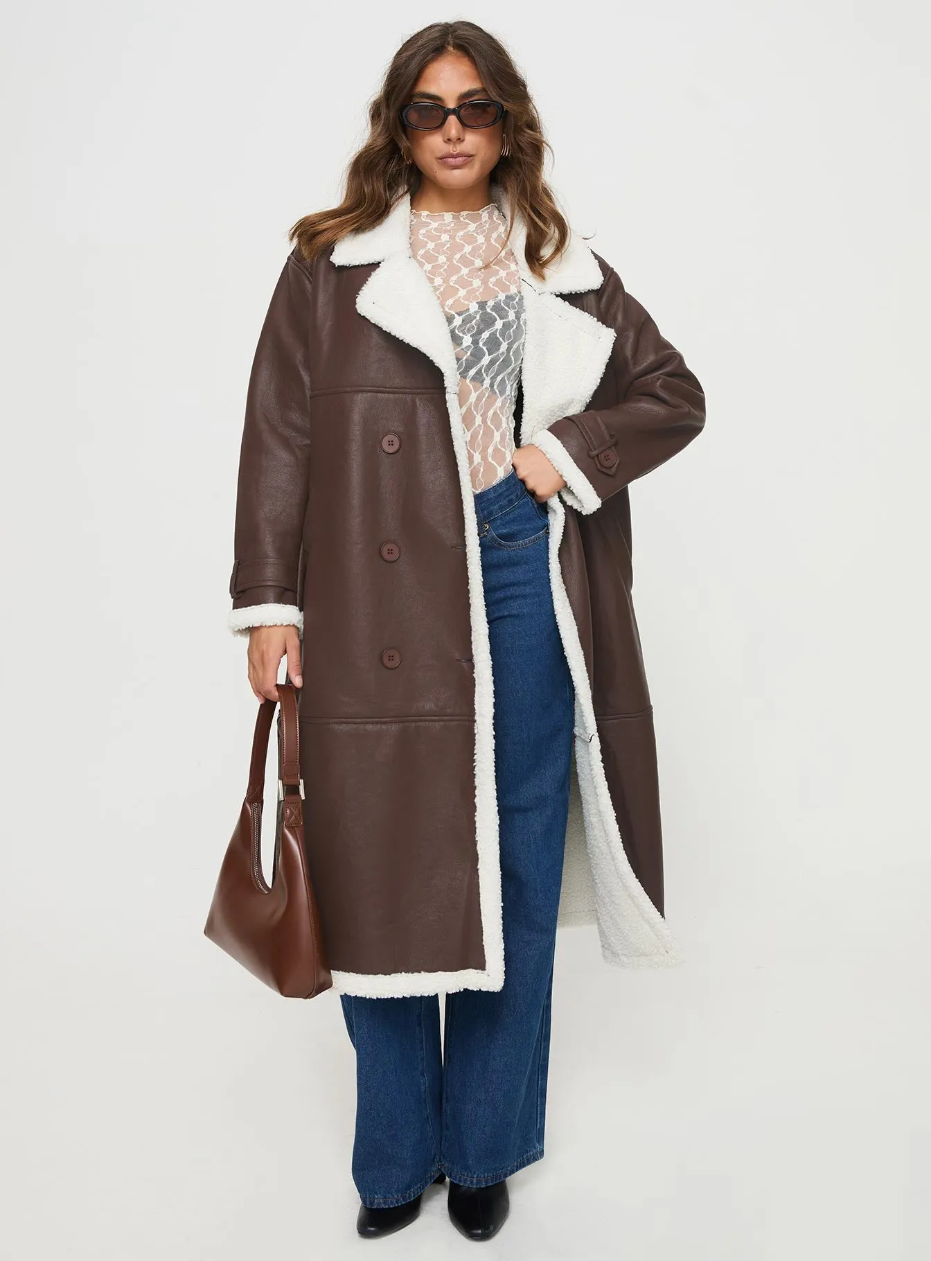 Day n Night Longline Shearling Coat Choc / Cream